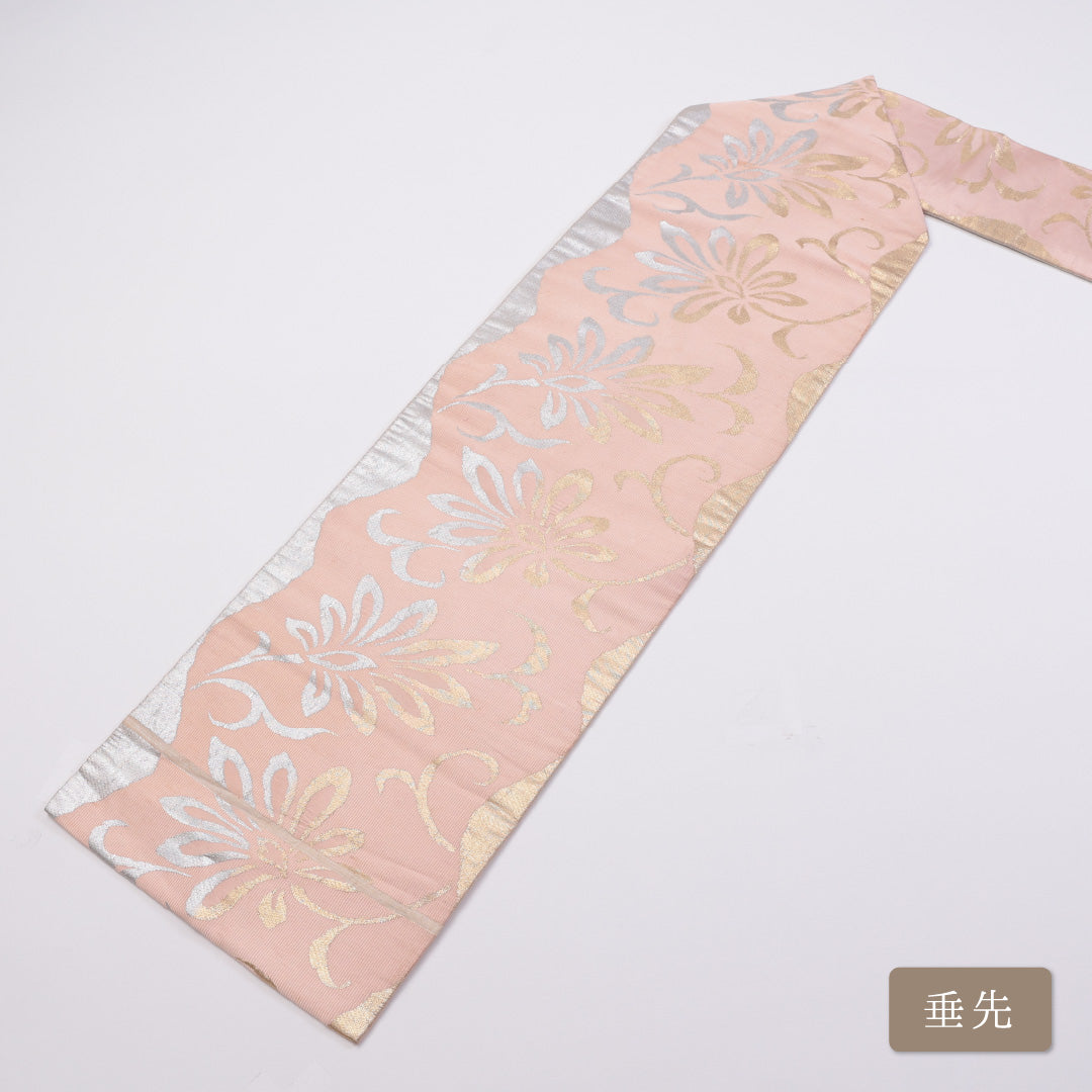 アンティーク 九寸名古屋帯 Cランク 帯丈340cm 正絹 六通 名古屋仕立て 織り 唐草華文 ピンク系 LP 1245-00880