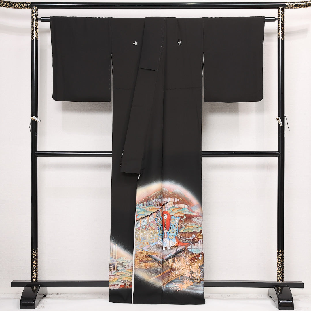 黒留袖 五つ紋 丸に井桁に十の字 身丈161cm 裄丈68.5cm Sランク 正絹 袷 比翼 広衿 L 歌舞伎 フォーマル 写実的 存在感 黒系 1211-F0582