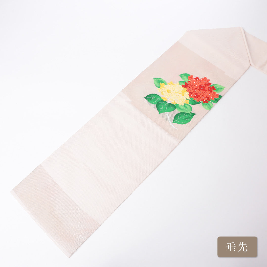 九寸名古屋帯 (夏帯) Aランク 帯丈367cm 正絹 ポイント柄 名古屋仕立て 織り インフォーマル 紫陽花 クリーム系 RP 1245-00843