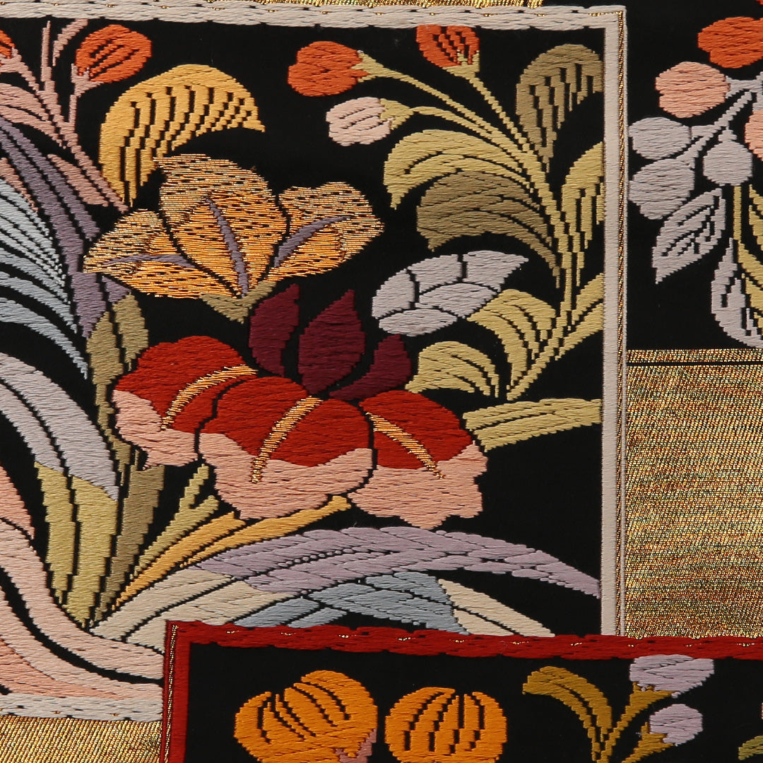 袋帯 帯丈432cm 全通 フォーマル Sランク 正絹 花柄 花絵札 菖蒲 古典的 華やか 金系 1223-01431