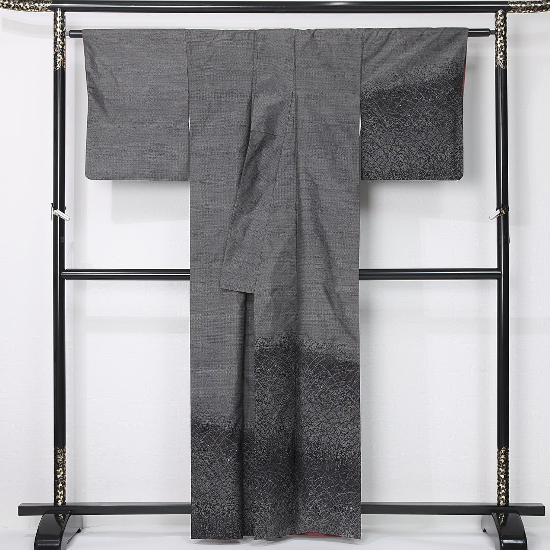 訪問着 袷 身丈161cm 裄丈63cm 正絹 Sランク セミフォーマル 広衿 Lサイズ 植物柄 黒系 M4 1217-12409