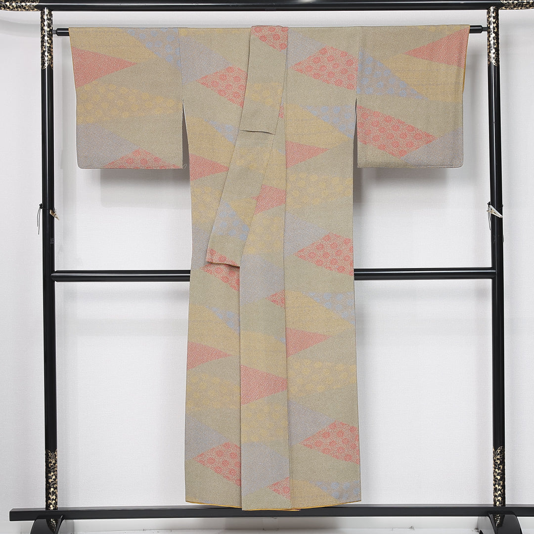 江戸小紋 身丈148cm 裄丈66cm Aランク XS 正絹 袷 広衿 菊 寄せ柄 カジュアル 黄系 1262-11918