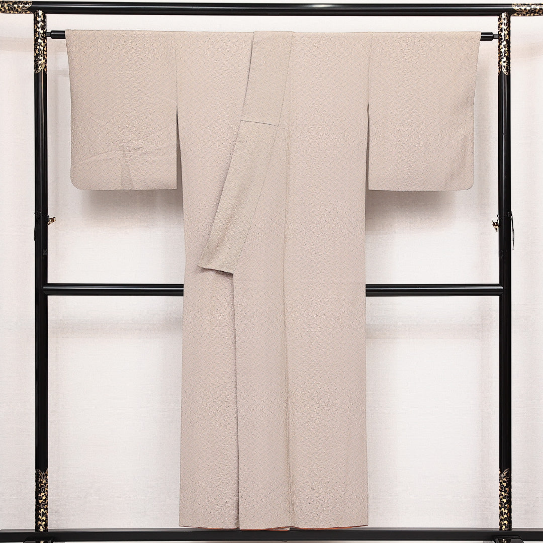 小紋 袷 身丈150cm 裄丈62cm 正絹 Aランク インフォーマル 広衿 Sサイズ 紗綾型 ベージュ系 RP 1221-14097