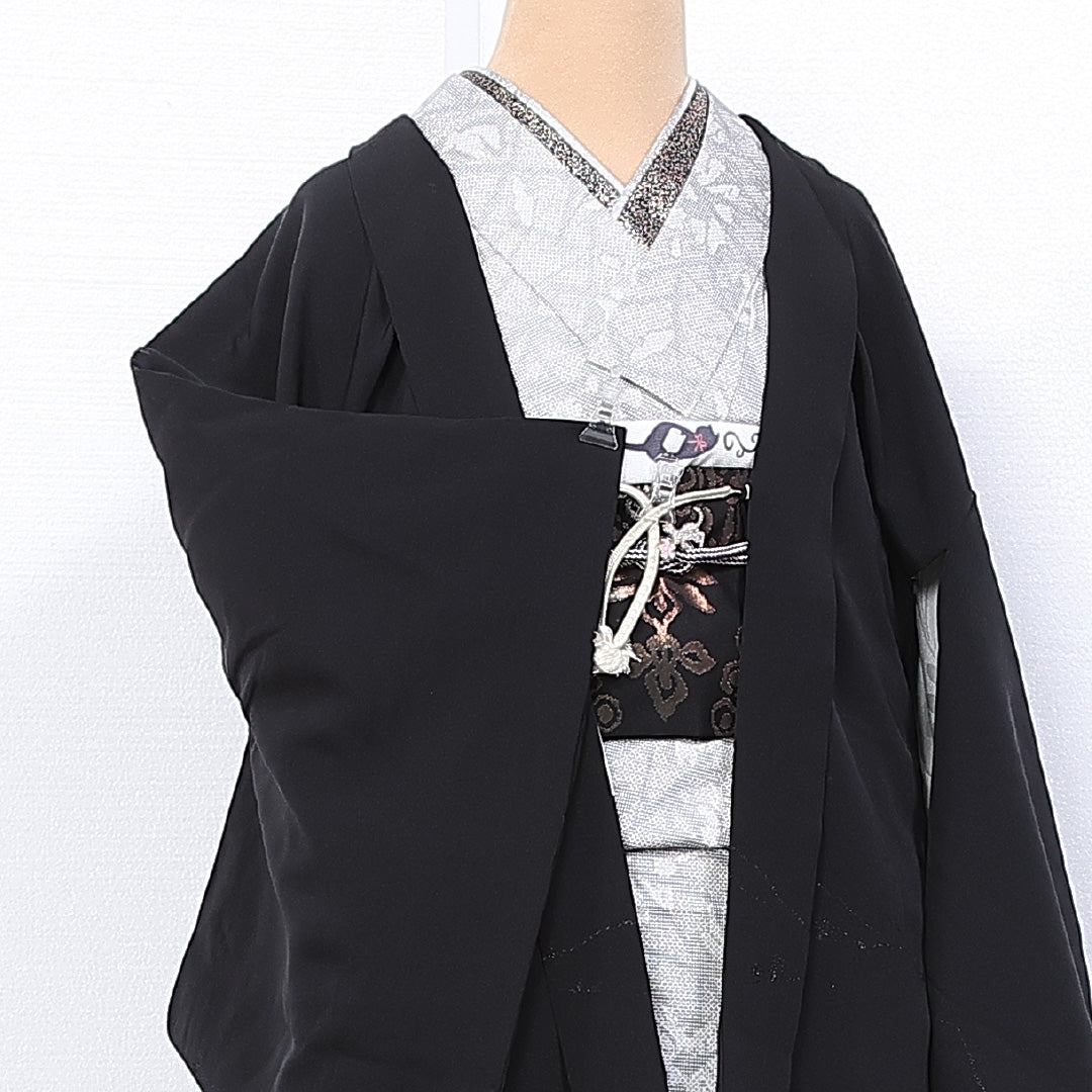 羽織 身丈81cm 裄丈64cm M 正絹 Aランク 袷 一つ紋 丸に木瓜 紐あり 創作 黒羽織 1217-11113