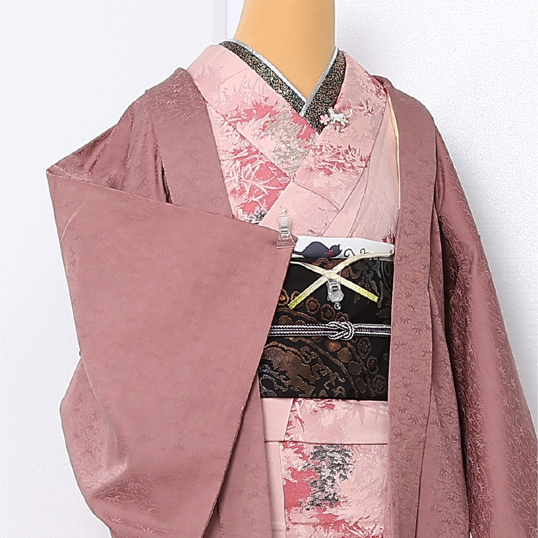 羽織 袷 身丈71cm 裄丈61cm 正絹 Cランク カジュアル Sサイズ 紐あり 流水 笹 ピンク系 LP 1232-12915
