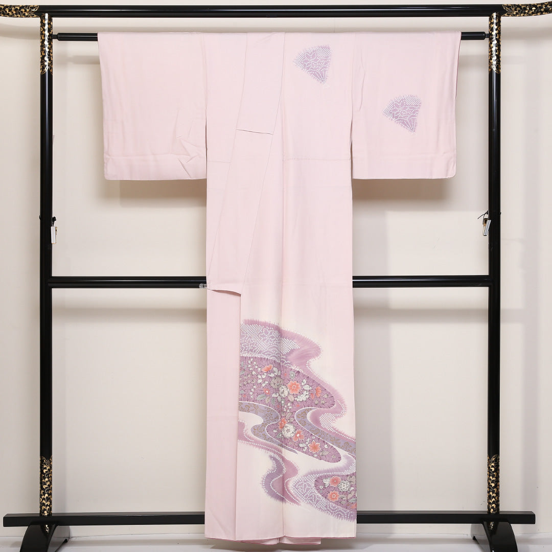 訪問着 袷 身丈157cm 裄丈63cm 正絹 Bランク セミフォーマル 広衿 Mサイズ 辻が花風 金彩 流水 花柄 吉祥文様 ピンク系 HP 1217-04416