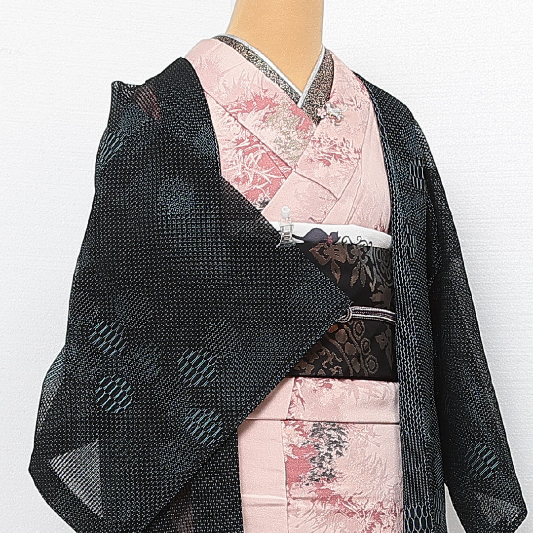 羽織 夏物 身丈76cm 裄丈63cm Sランク 正絹 Sサイズ カジュアル もじり織 創作柄 シック モダン 紺系 1217-13904