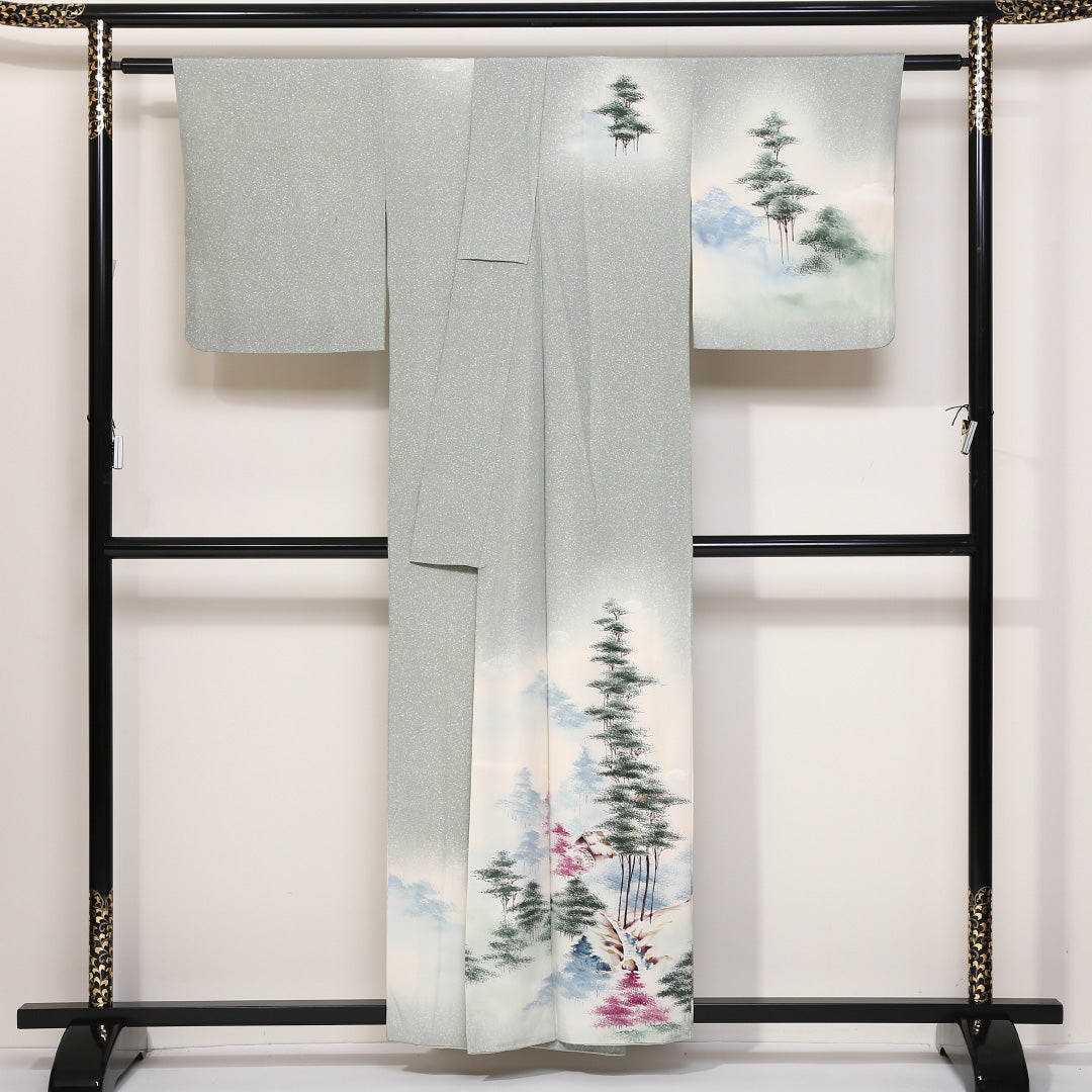 訪問着 袷 身丈155cm 裄丈65cm 正絹 Bランク セミフォーマル 広衿 Mサイズ 風景柄 緑系 HP 1217-04424