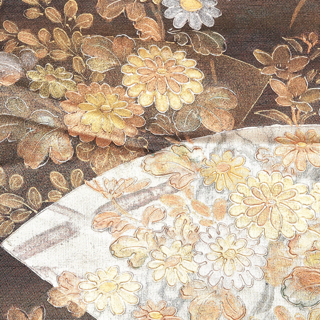 袋帯 帯丈436cm 六通 旭水 菊 作家物 友禅 フォーマル 落款 黒系 正絹 Aランク 1223-01196