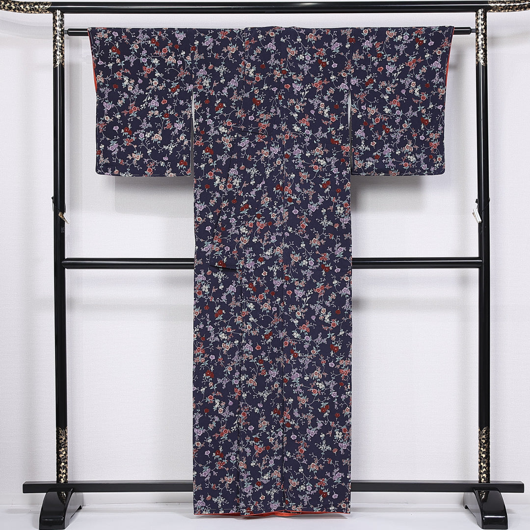 紬 袷 身丈160cm 裄丈62cm 正絹 Aランク カジュアル 広衿 Lサイズ 撫子 紺系 RP 1223-11290