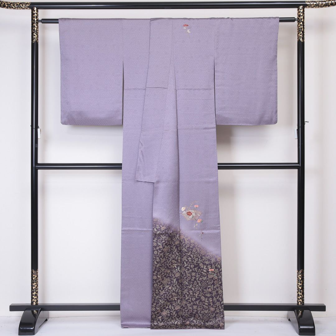 訪問着 袷 身丈164cm 裄丈63cm 正絹 Sランク 紋意匠 (籠目) セミフォーマル 広衿 Lサイズ ぼかし染 金彩 蘇州刺繍 唐草華文 扇 花柄 紫系 RP 1217-04552