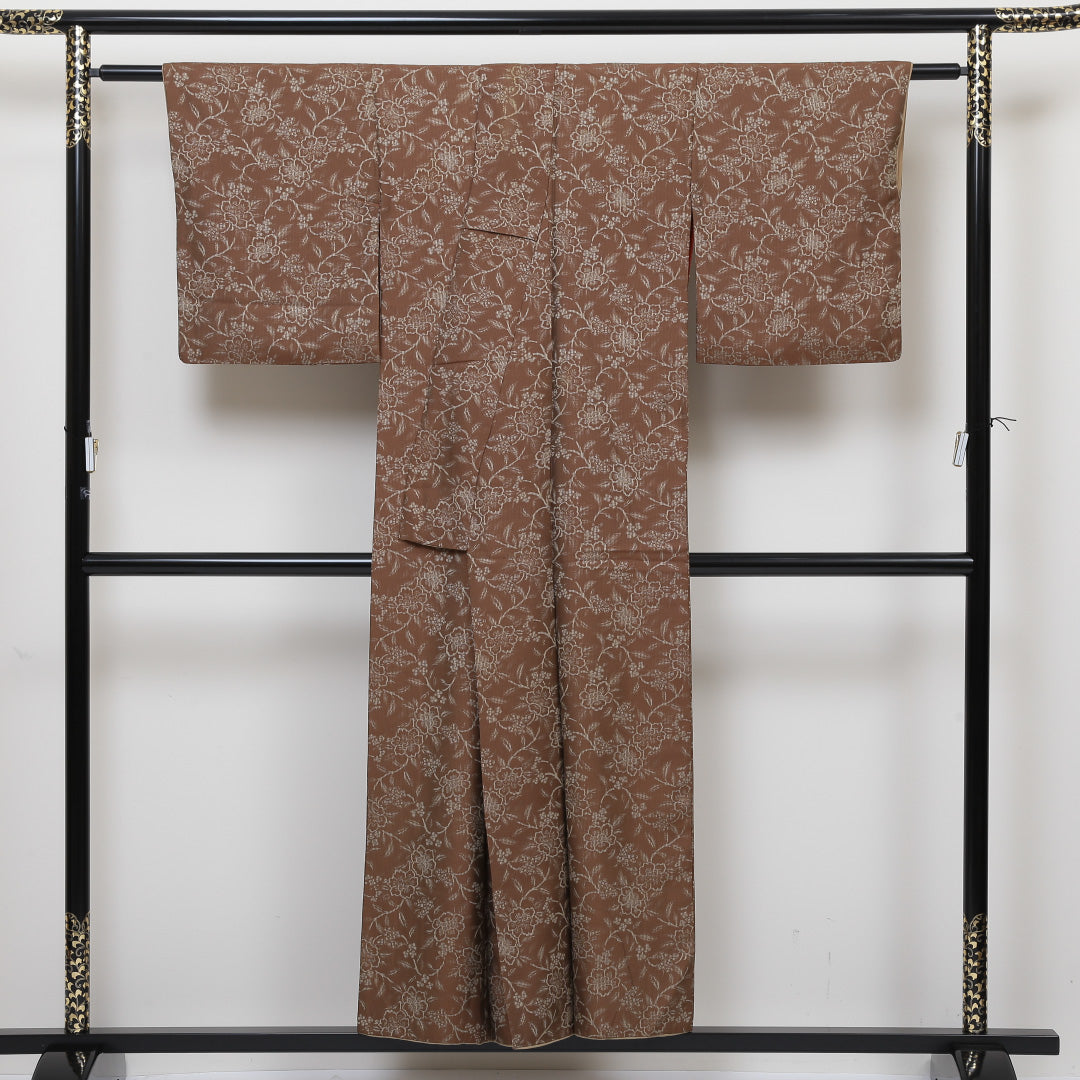 アンティーク 小紋 袷 身丈152cm 裄丈63cm 正絹 Bランク 広衿 Sサイズ 牡丹 茶系 RP 1221-01352