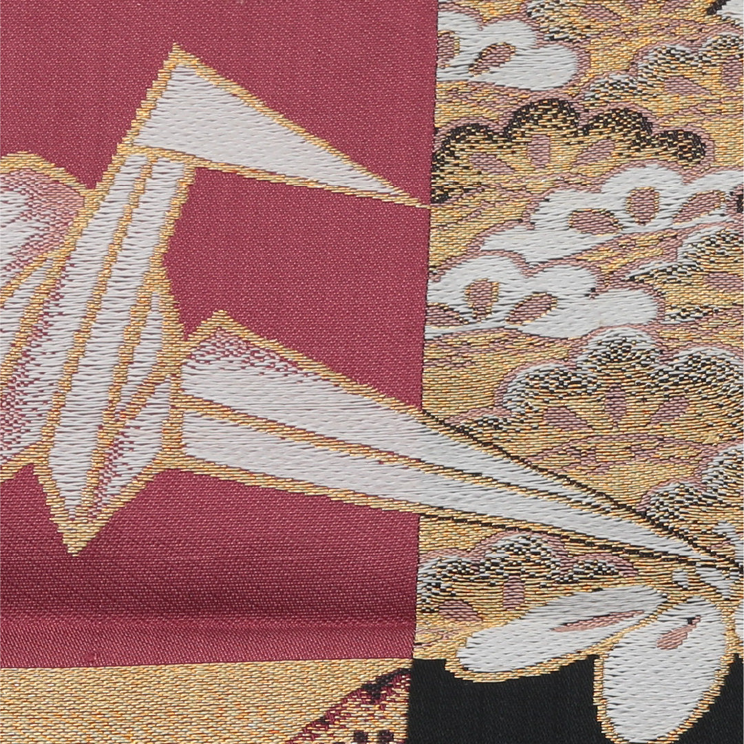 アンティーク 九寸名古屋帯 帯丈330cm 正絹 全通 創作仕立て 織り 金箔 大嶋織 蝶 菊 松 折り鶴 黒系 RP 1245-02031