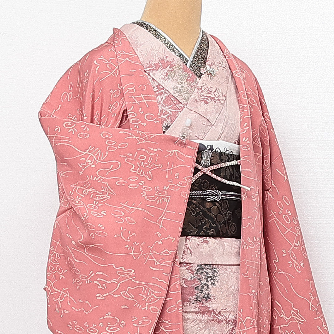 羽織 袷 身丈76cm 裄丈64cm 正絹 Cランク カジュアル Mサイズ 紐あり ピンク系 HP 1232-13740