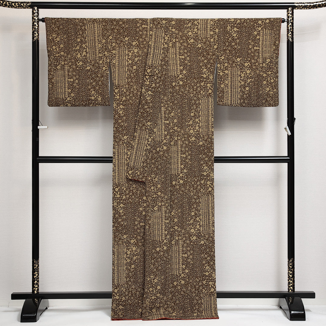 小紋 袷 身丈168cm 裄丈66cm 正絹 Sランク インフォーマル 広衿 XLサイズ 更紗 茶系 RP 1221-14017