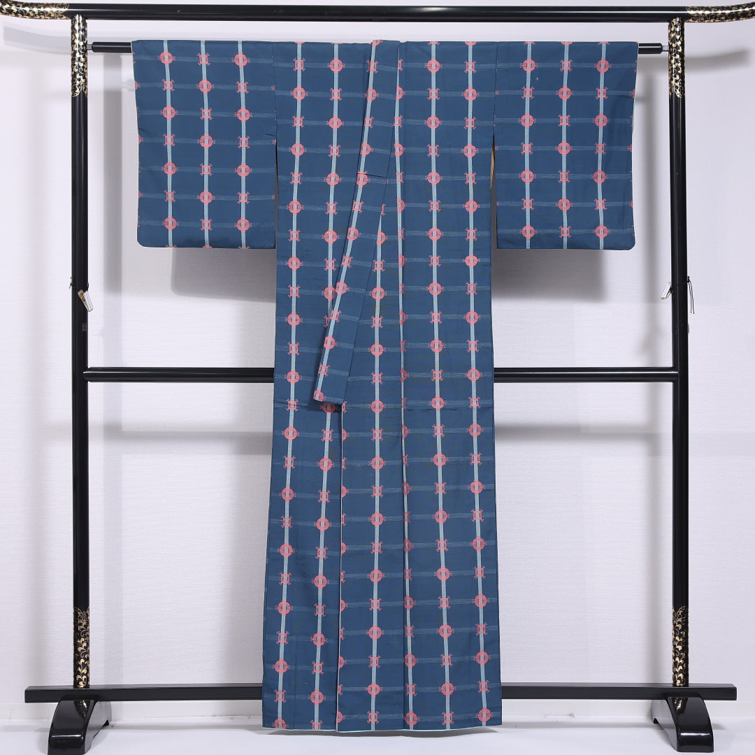 紬 袷 身丈159cm 裄丈63cm 正絹 Aランク カジュアル バチ衿 Mサイズ 格子 青系 HP 1223-11730