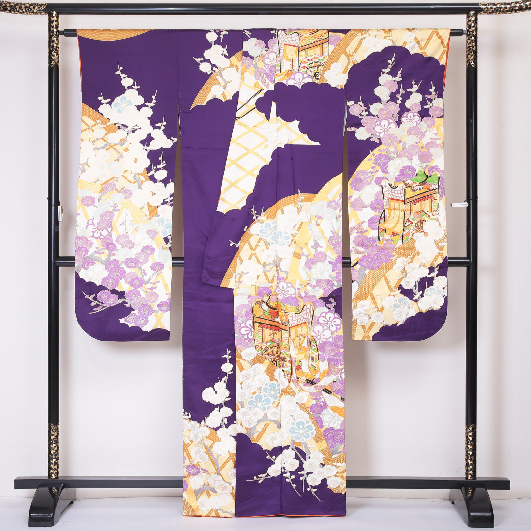 振袖 身丈163cm 裄丈66cm Aランク 袷 正絹 広衿 御所車 吉祥文様 梅 大正ロマン 1213-F0057