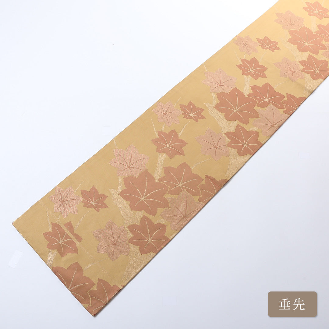 九寸名古屋帯 Aランク 帯丈348cm 正絹 全通 開き仕立て 織り インフォーマル 紅葉 金系 RP 1245-00794