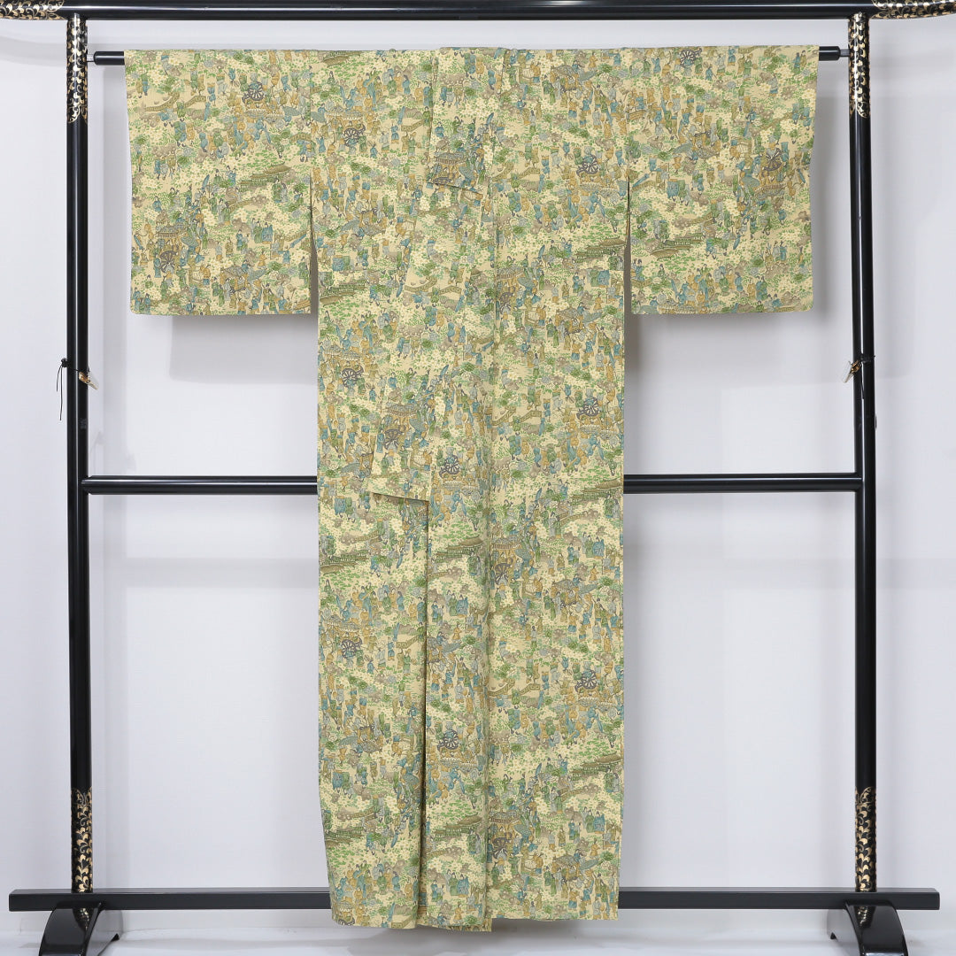 洗える着物 小紋 単衣 身丈158cm 裄丈64cm ポリエステル Sランク インフォーマル 広衿 Mサイズ 風景柄 黄系 RP 1221-12343