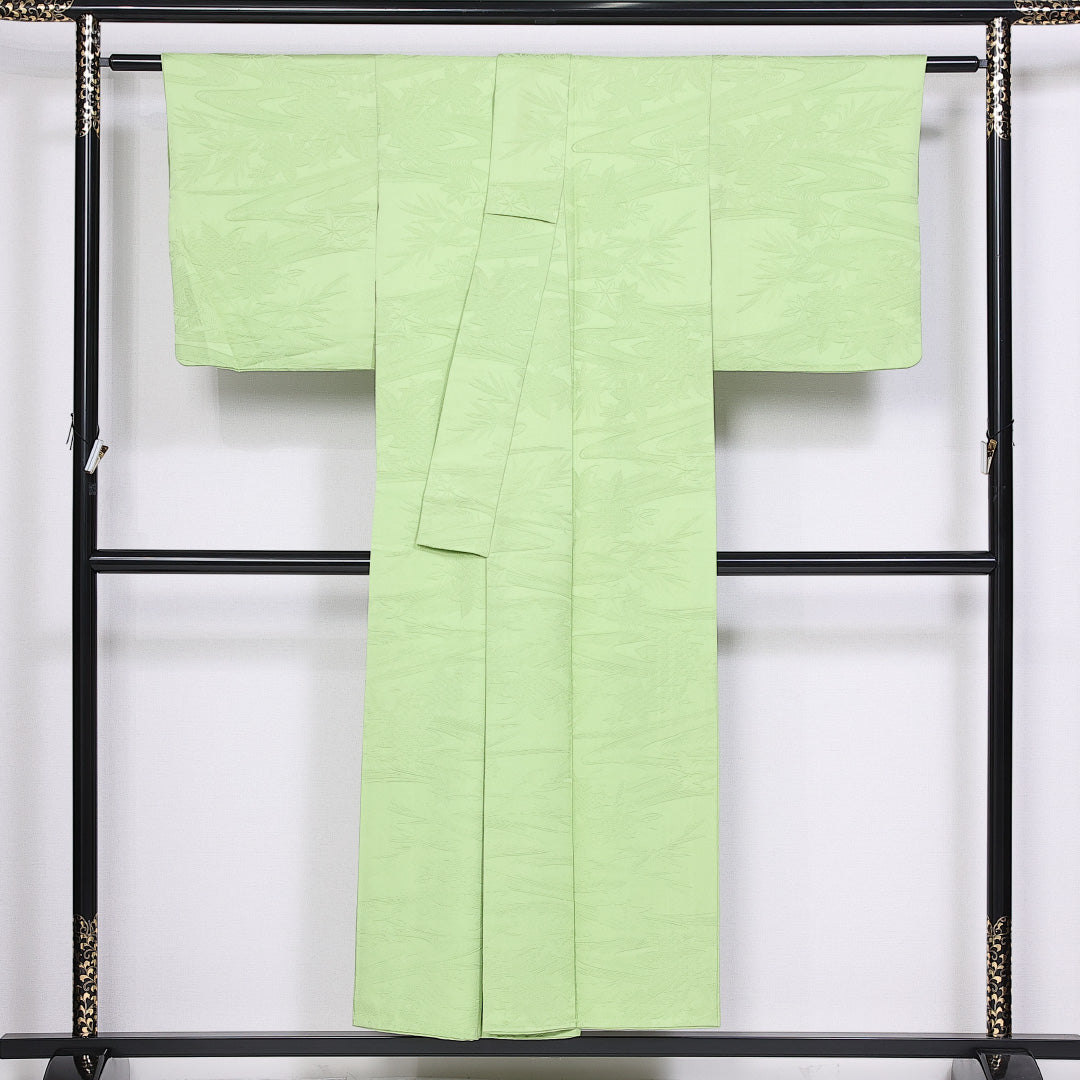 色無地 袷 身丈150cm 裄丈62cm 正絹 Sランク Sサイズ 広衿 インフォーマル 紋意匠 笹 緑系 1214-10339