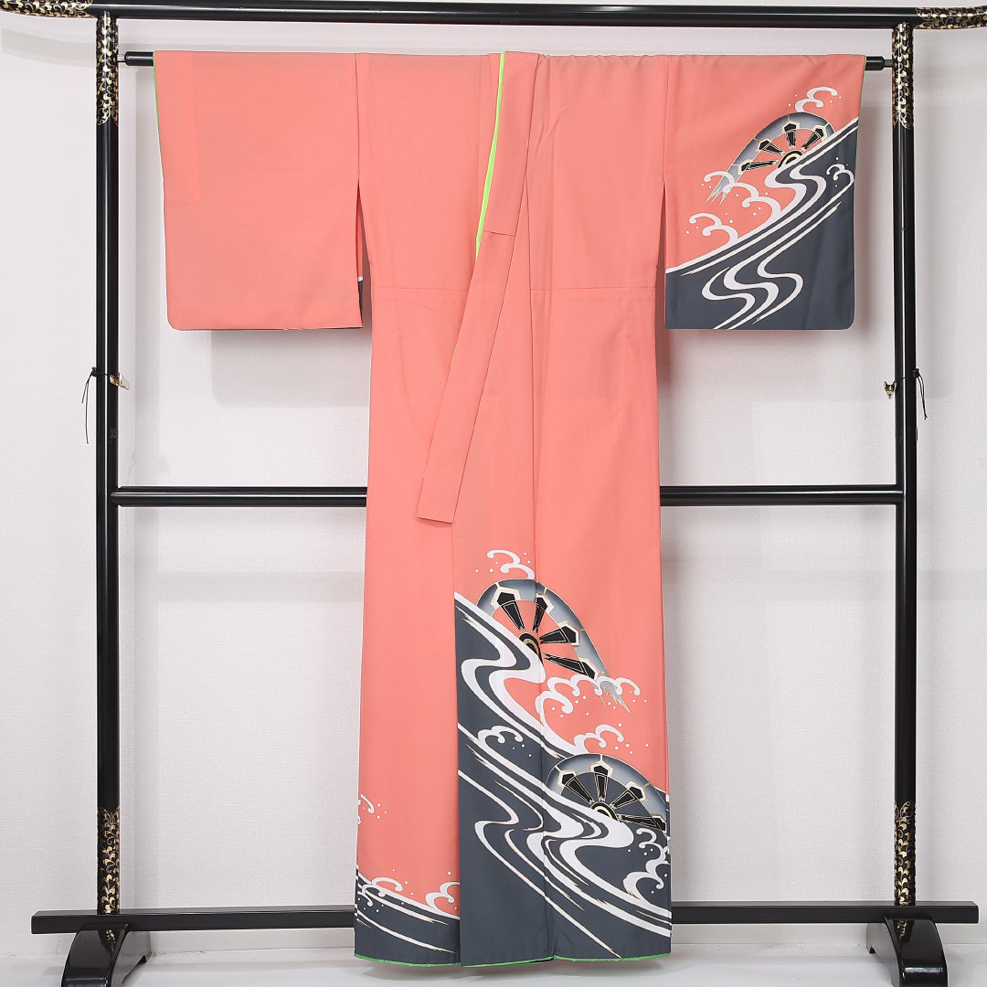 洗える着物 訪問着 胴抜き 身丈160cm 裄丈67cm ポリエステル Sランク セミフォーマル バチ衿 Lサイズ 片輪車 ピンク系 RP 1217-12441