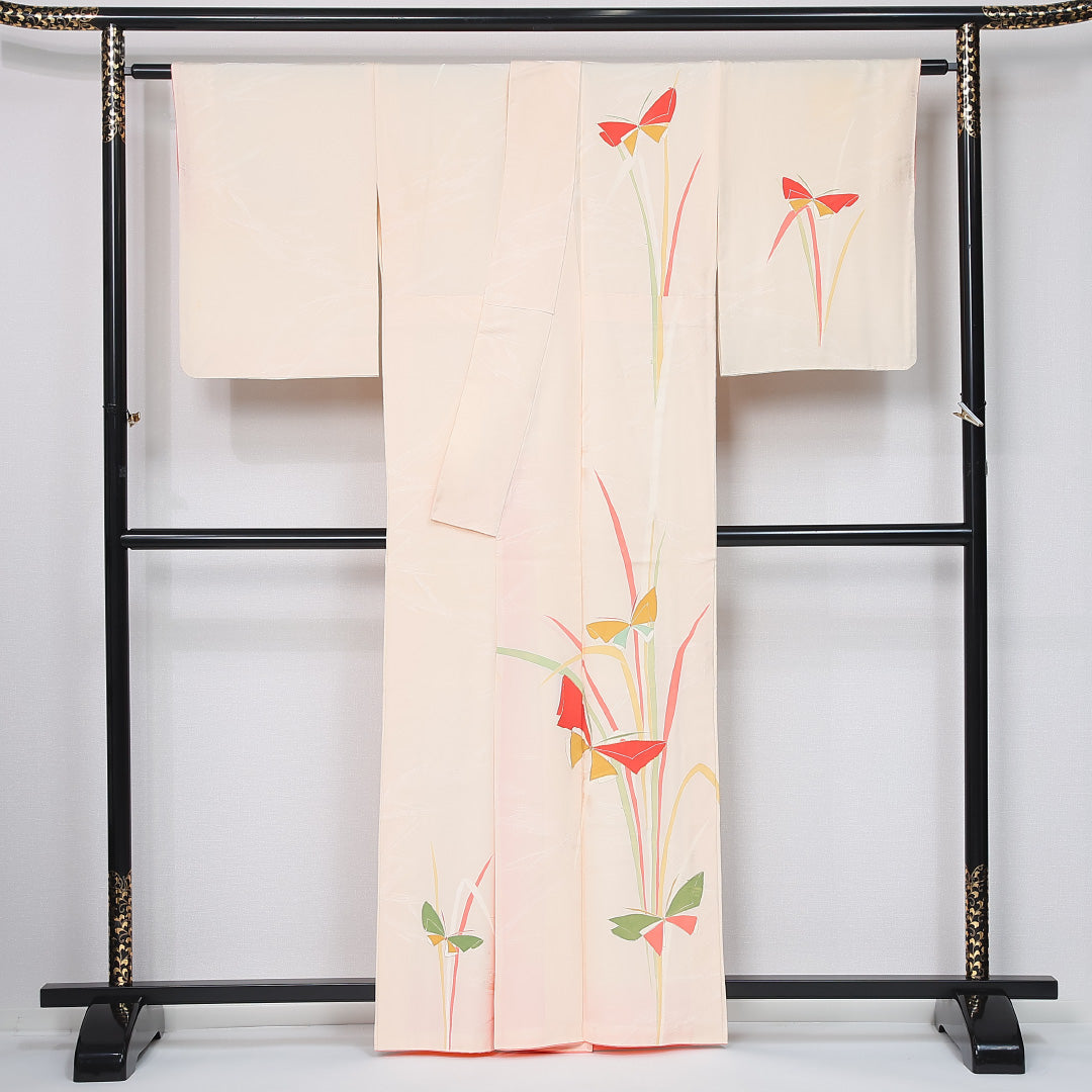 付下げ 身丈160cm 裄丈64.5cm Cランク L 正絹 袷 広衿 金駒刺繍 蝶 インフォーマル クリーム系 1261-12027