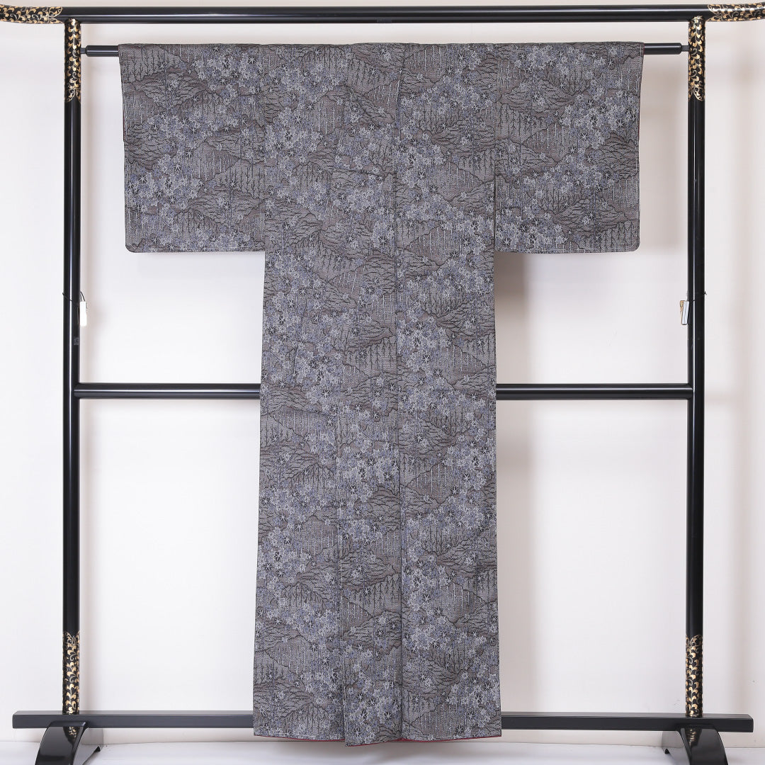 大島紬 袷 身丈156cm 裄63cm 正絹 グレー系 Sランク 風景 1216-00869-2322