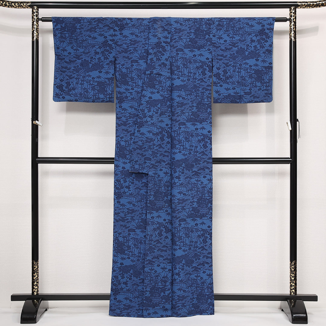 小紋 単衣 身丈163cm 裄丈65cm Aランク 正絹 広衿 Lサイズ カジュアル ちりめん 吉祥文様 藍型 青系 伝統的 存在感 1215-13261