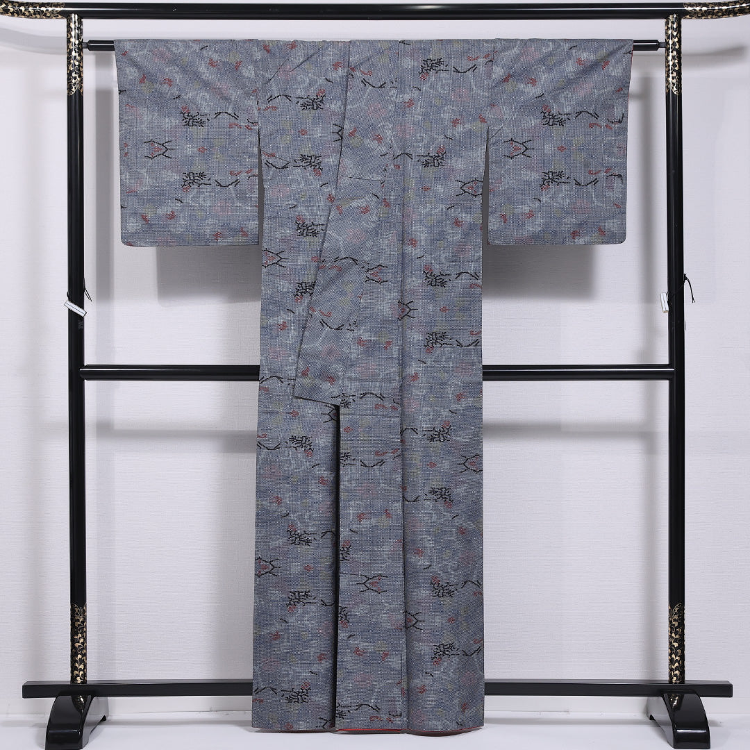 大島紬 袷 身丈159cm 裄丈68cm 正絹 Bランク インフォーマル 広衿 Mサイズ 創作柄 グレー系 RP 1223-11589