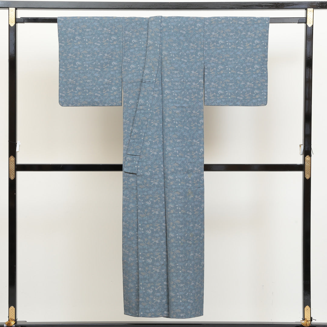 紬 袷 身丈147cm 裄丈63cm 正絹 Aランク XSサイズ 広衿 カジュアル 花鳥風月 青系 1216-02829