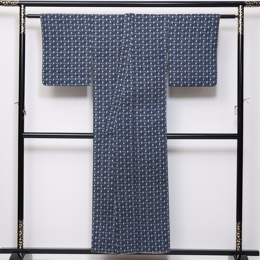 小紋 袷 身丈153cm 裄64cm 洗える着物 ポリエステル 七宝 グレー系 Aランク 1215-02409