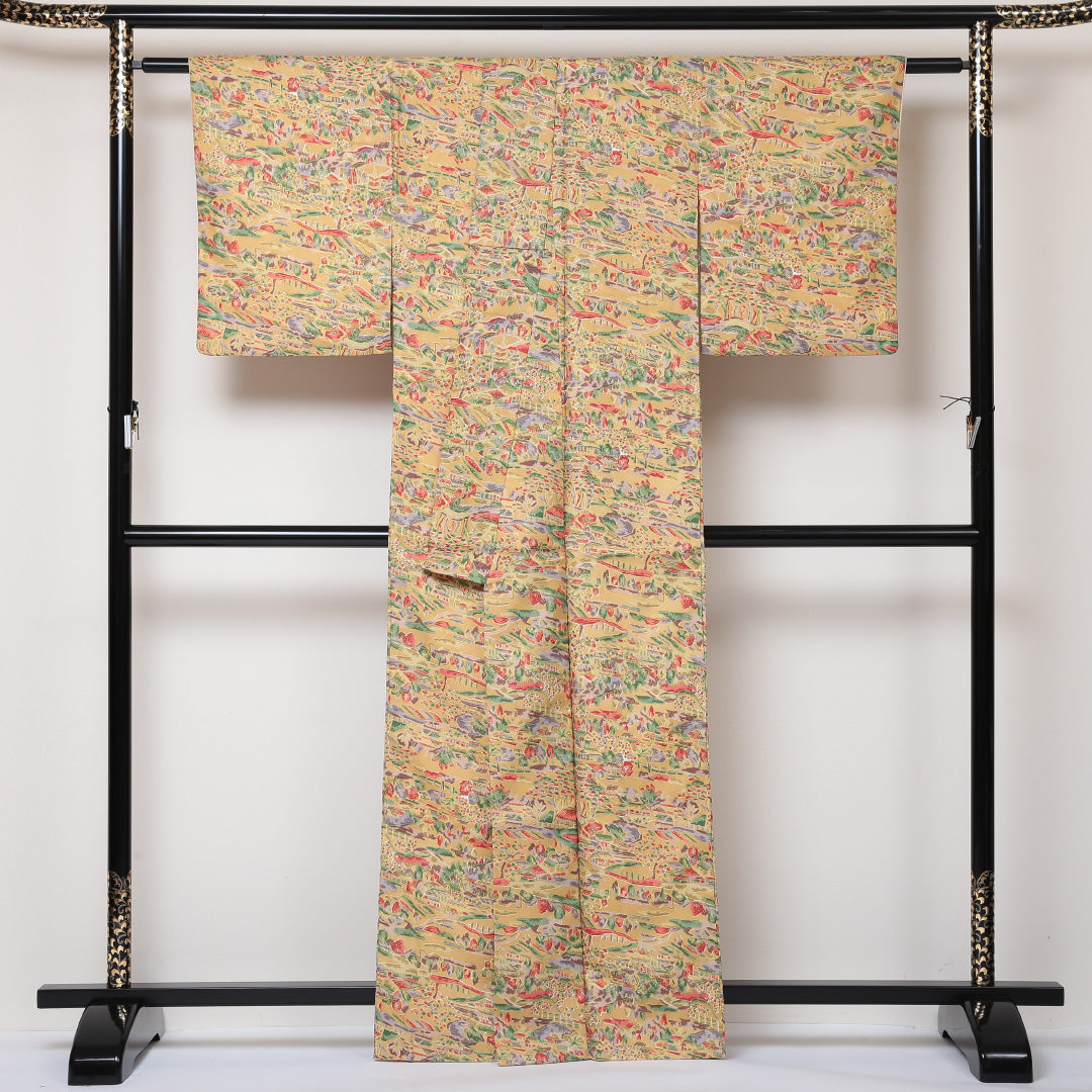 小紋 洗える着物 袷 身丈161cm 裄丈64cm ポリエステル Aランク Lサイズ 広衿 インフォーマル 茶屋辻 黄系 1215-01596