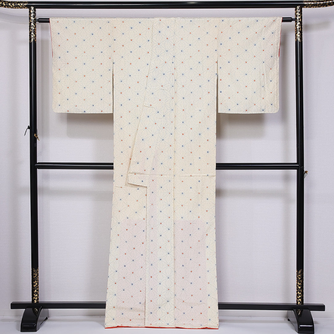小紋 袷 身丈166cm 裄丈64cm 正絹 Aランク インフォーマル 広衿 XLサイズ 麻の葉 ベージュ系 RP 1221-11355