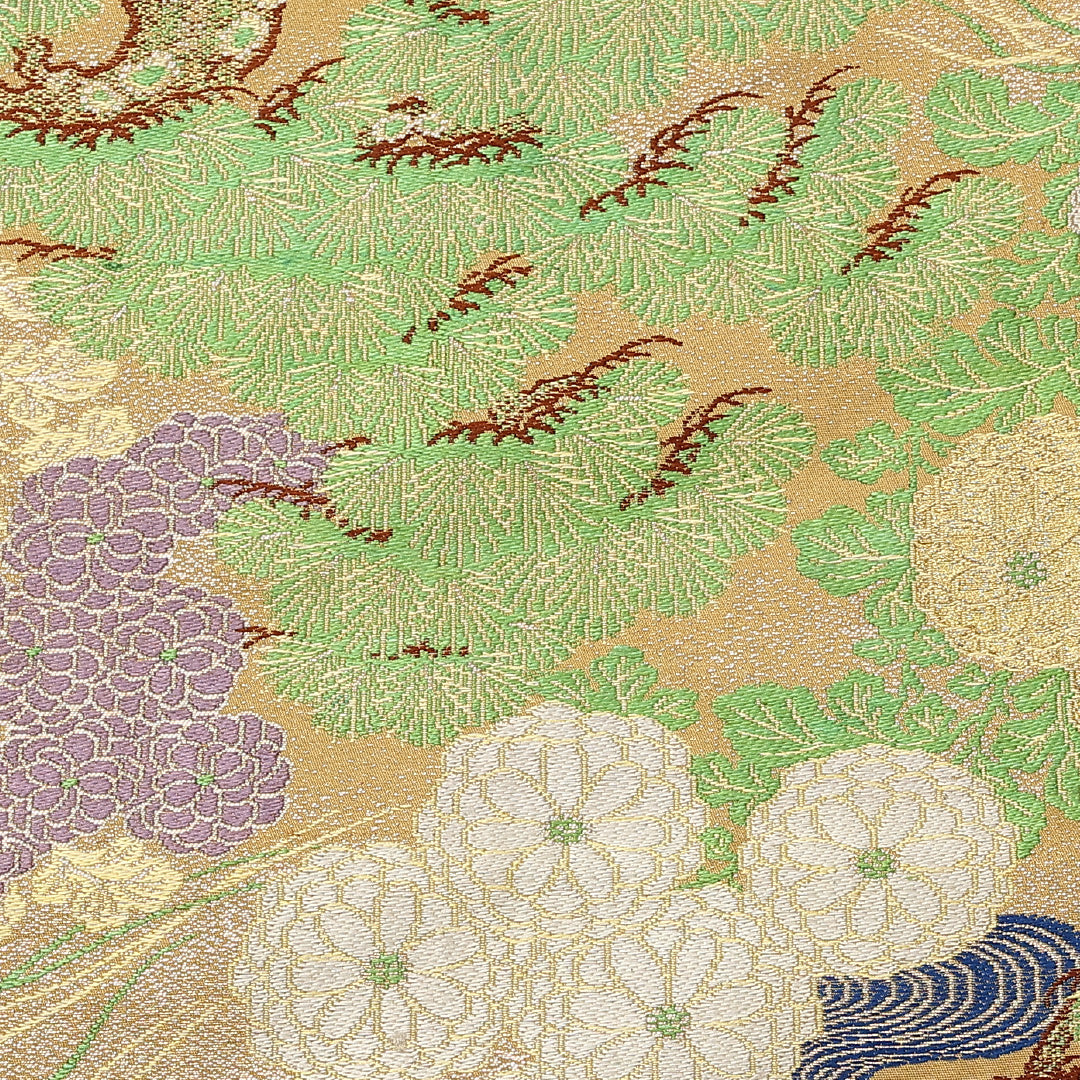 アンティーク 丸帯 帯丈388cm 全通 松 菊 緑系 フォーマル 金系 正絹 Aランク 1223-00985