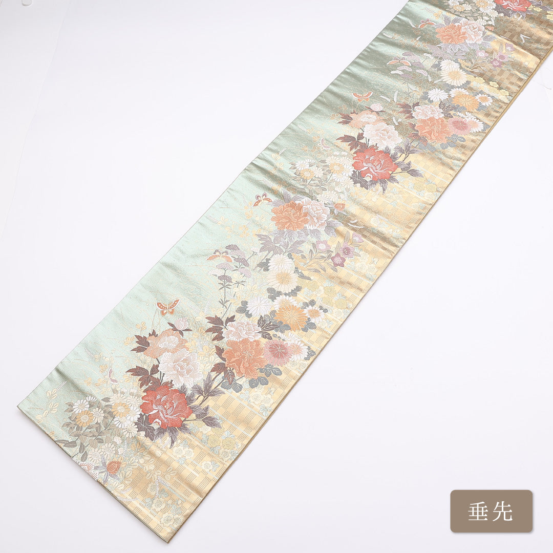 袋帯 帯丈436cm 六通 引箔 牡丹や菊 蝶 藤 振袖帯 フォーマル 緑系 正絹 Sランク 1223-00861