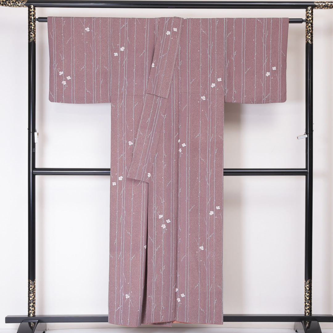 小紋 袷 身丈154cm 裄丈62cm 正絹 Sランク インフォーマル 広衿 Sサイズ 桜 紫系 RP 1221-02057