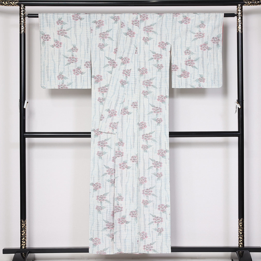真綿紬 袷 身丈154cm 裄丈63cm 正絹 Aランク カジュアル 広衿 Sサイズ 牡丹 水色系 RP 1223-03874