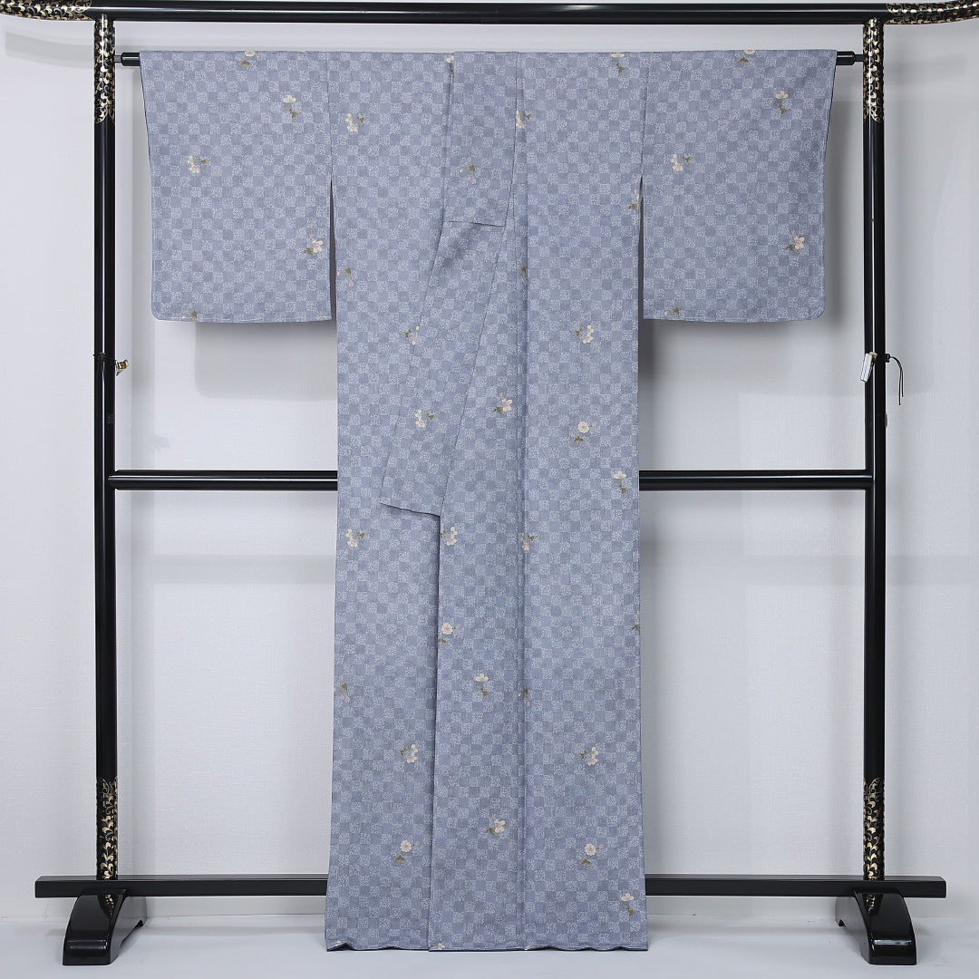 洗える着物 小紋 袷 身丈165cm 裄丈65cm ポリエステル Sランク インフォーマル 広衿 XLサイズ 市松 桜 グレー系 RP 1221-12362