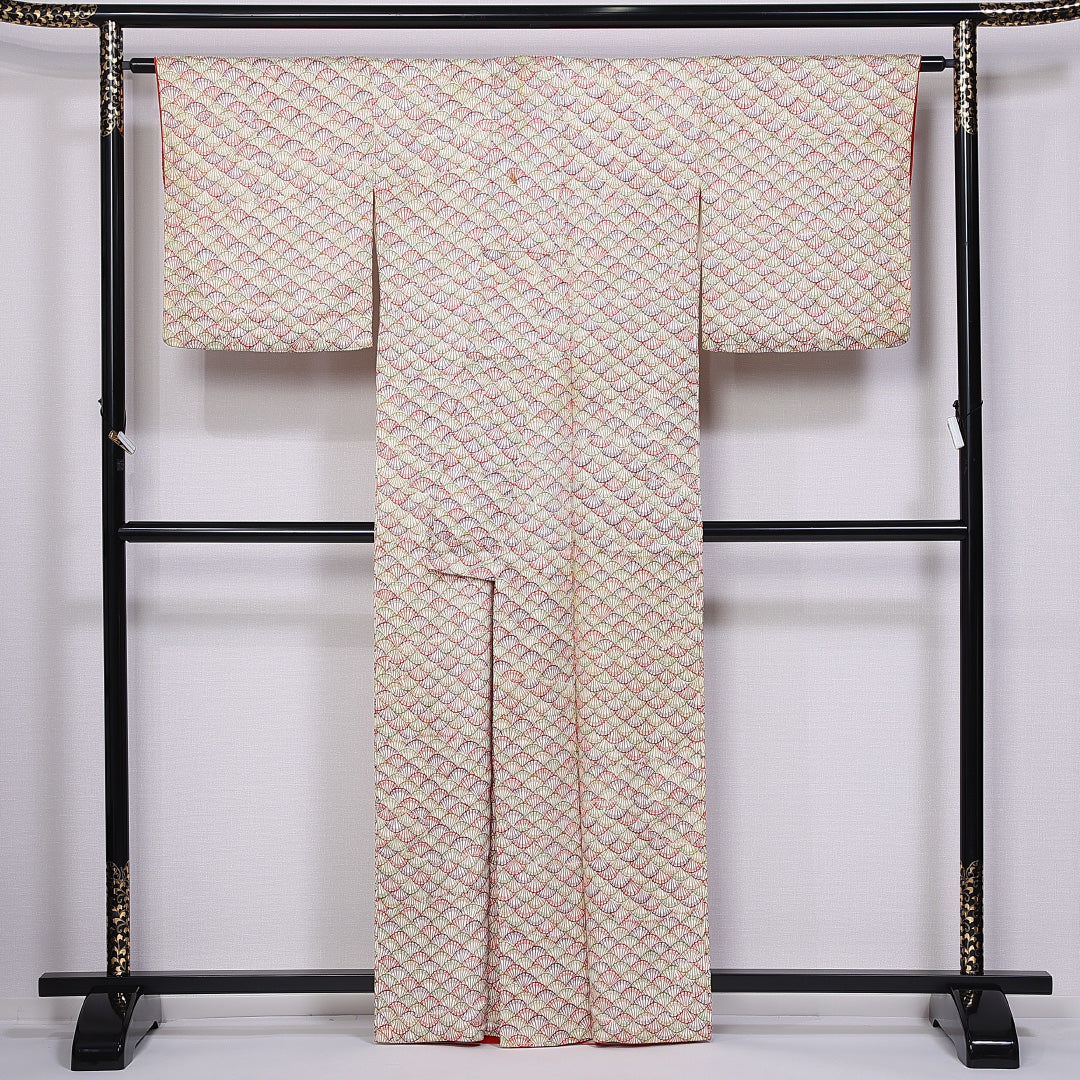 小紋 袷 身丈162cm 裄丈66cm 正絹 Bランク インフォーマル 広衿 Lサイズ 扇 クリーム系 HP 1221-11279