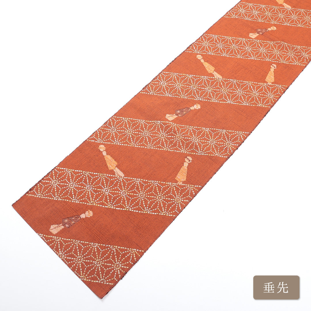 名古屋帯 帯丈340cm 六通 開き仕立て 正絹 麻の葉 纏 紬 カジュアル Sランク 朱系 1224-00631-216 1224-00631