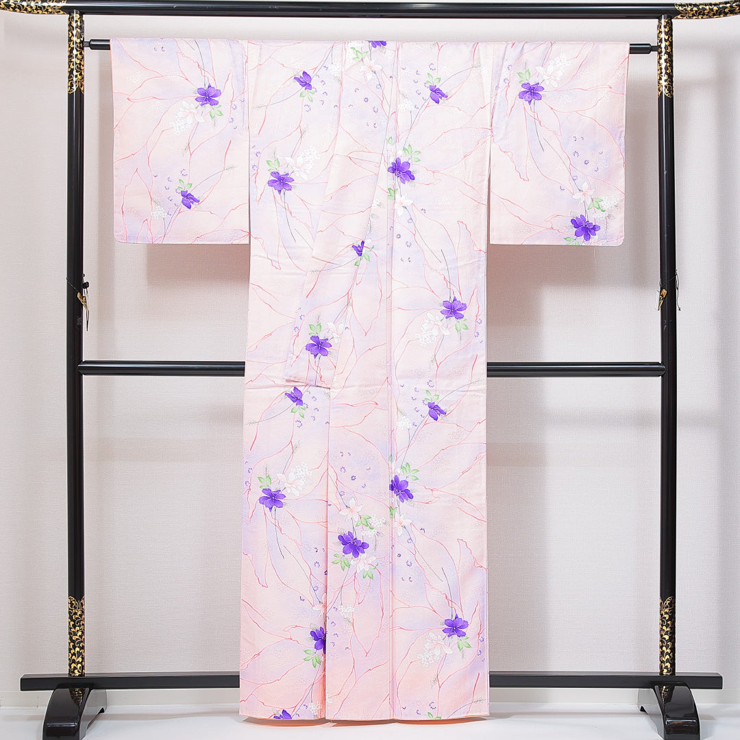 小紋 洗える着物 袷 身丈160cm 裄丈62cm ポリエステル Aランク Lサイズ 広衿 インフォーマル 花柄 ピンク系 紫系 1215-14973