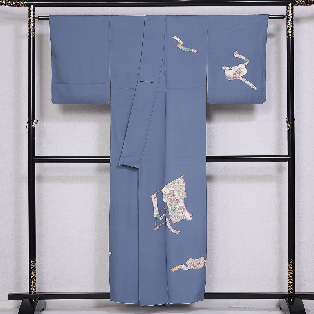 訪問着 袷 身丈154cm 裄丈62cm 正絹 Sランク 紋意匠 (紗綾型) セミフォーマル 広衿 Sサイズ 泰明 落款 几帳 菊 青系 RP 1217-10140