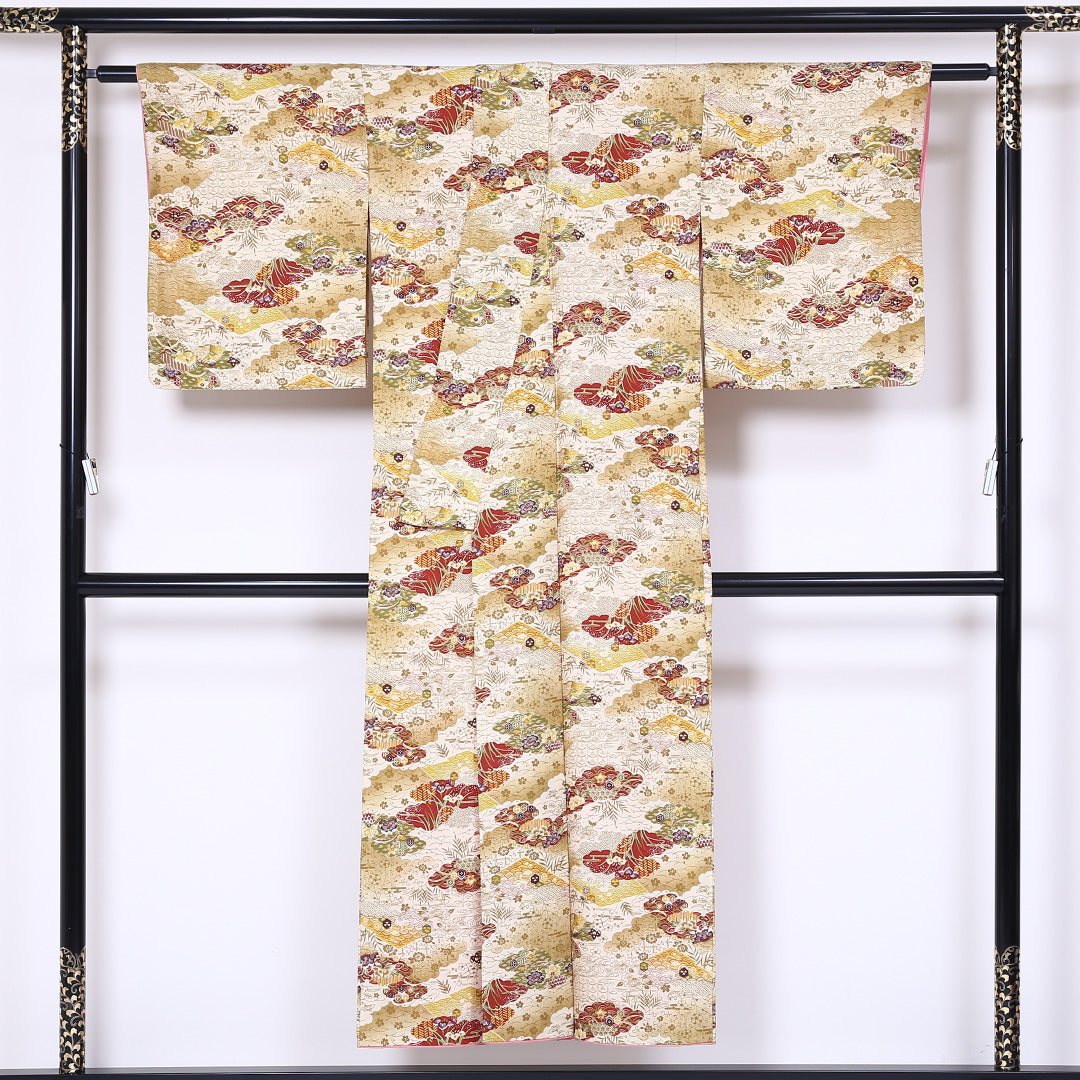 小紋 袷 身丈147cm 裄丈66cm 正絹 Aランク インフォーマル 広衿 XSサイズ 古典柄 黄系 HP 1221-01815