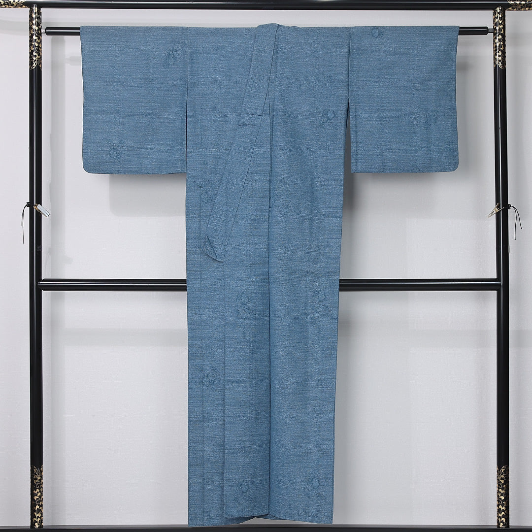 洗える着物 ウールの紬 単衣 身丈149cm 裄丈62cm ウール Aランク カジュアル バチ衿 XSサイズ 花柄 青系 HP 1223-12372