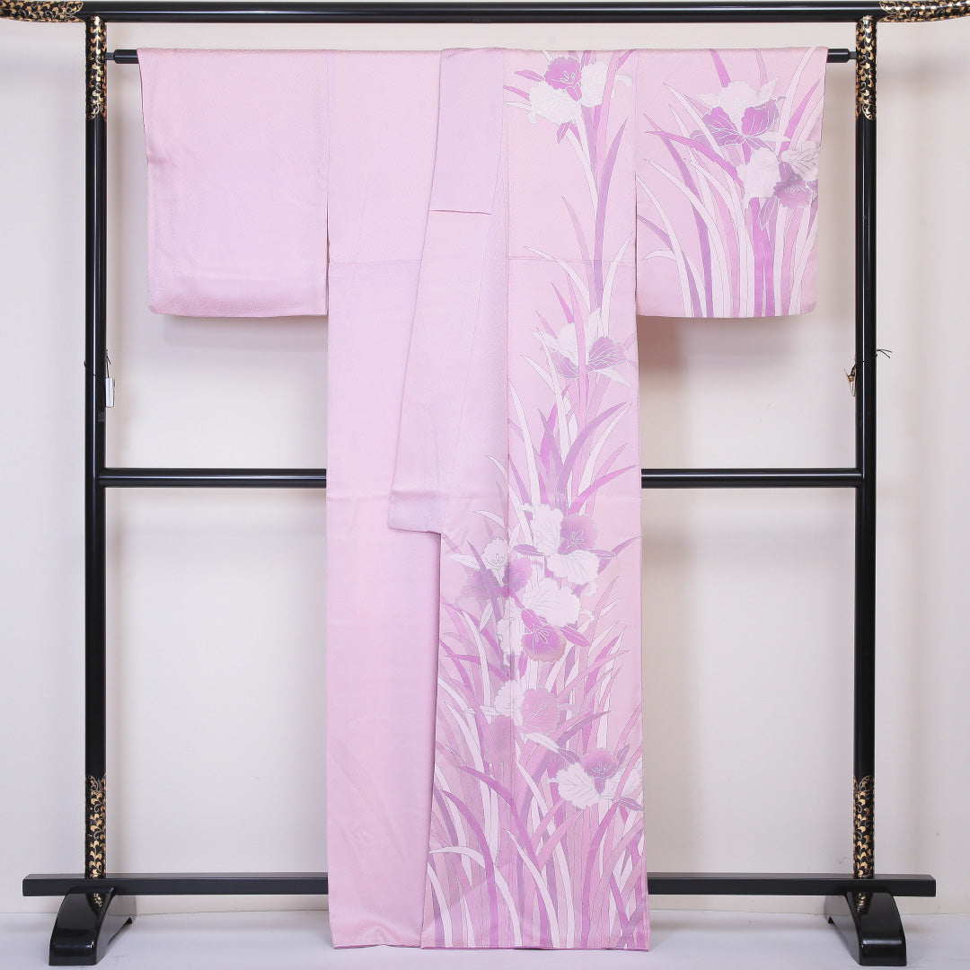 訪問着 袷 身丈160~164cm 裄68cm 正絹 一つ紋 菖蒲 五瓜に桔梗 ピンク系 Aランク 1212-00552