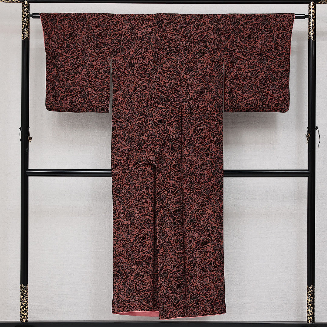 アンティーク 小紋 袷 身丈146cm 裄丈61cm 正絹 Aランク 広衿 XSサイズ 植物柄 黒系 RP 1221-14348