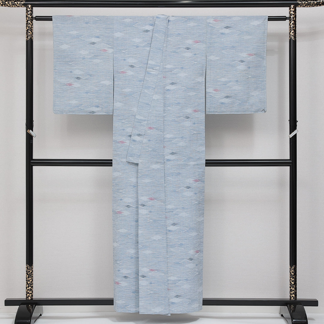 紬 夏紬 身丈156cm 裄丈62cm Aランク 正絹 バチ衿 Mサイズ カジュアル 創作柄 素朴 爽やか 水色系 1216-14419