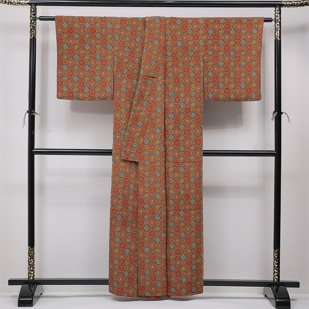 小紋 袷 身丈159cm 裄丈66cm 正絹 Aランク インフォーマル 広衿 Mサイズ 唐華 茶系 RP 1221-15620