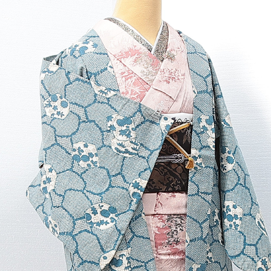 羽織 袷 身丈78cm 裄丈63cm 正絹 Sランク カジュアル Sサイズ 紐あり 菊 楓 鹿の子柄 青系 RP 1232-14649