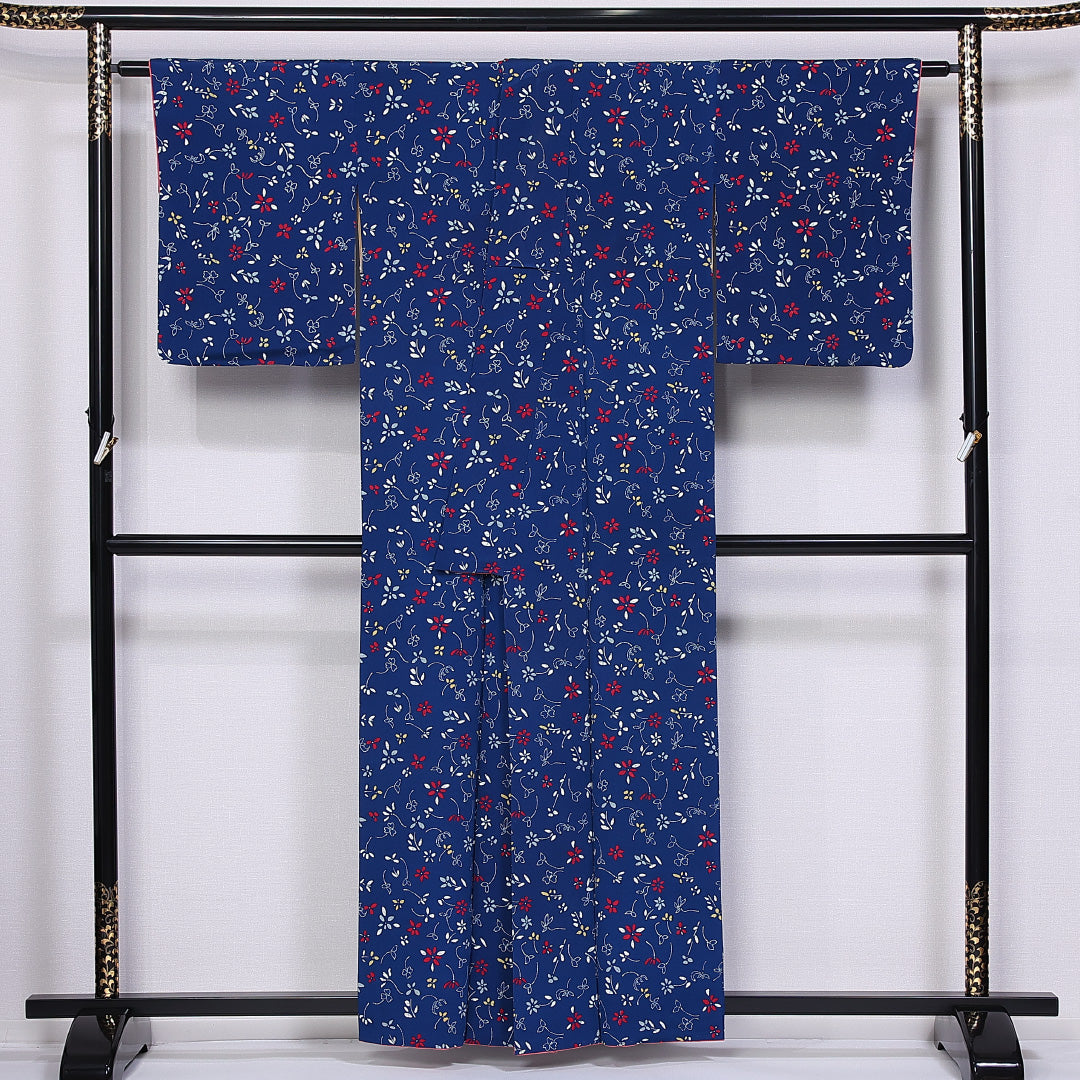 小紋 袷 身丈158cm 裄丈63cm 正絹 Aランク インフォーマル 広衿 Mサイズ 花柄 紺系 HP 1221-11058